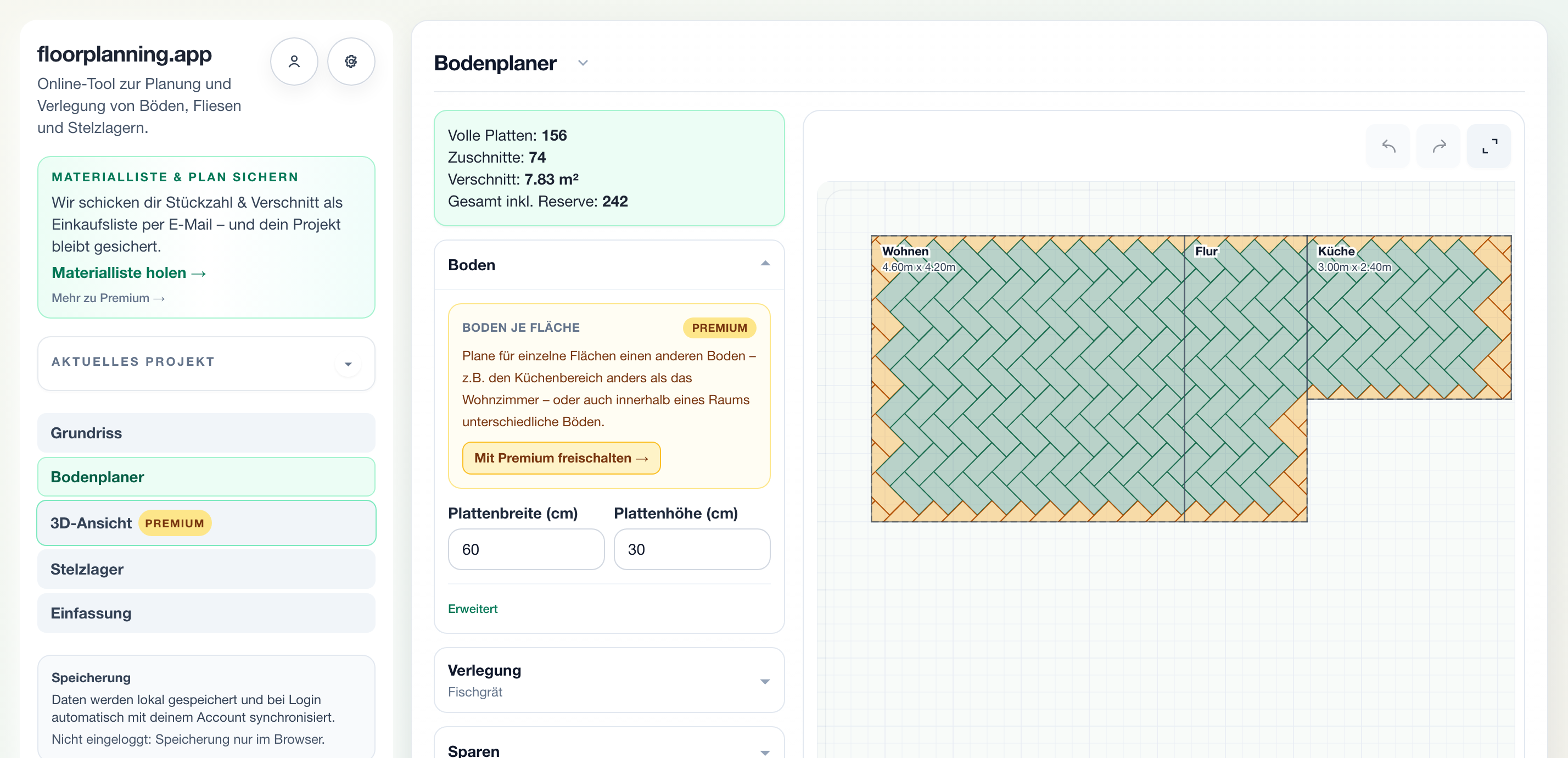 Continuous herringbone across multiple rooms on the floor plan