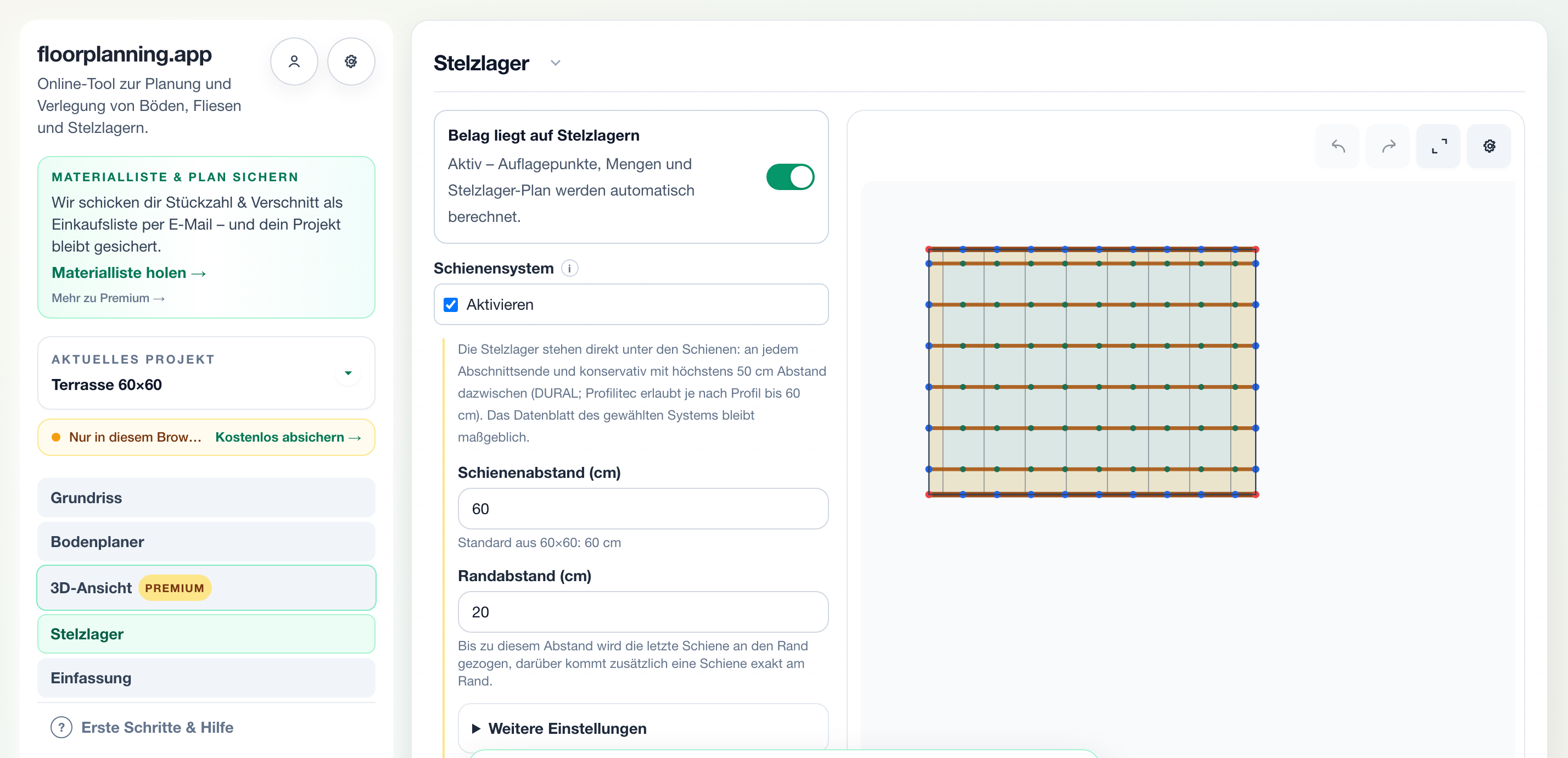 Structure sur rails avec dalles de terrasse portées en ligne