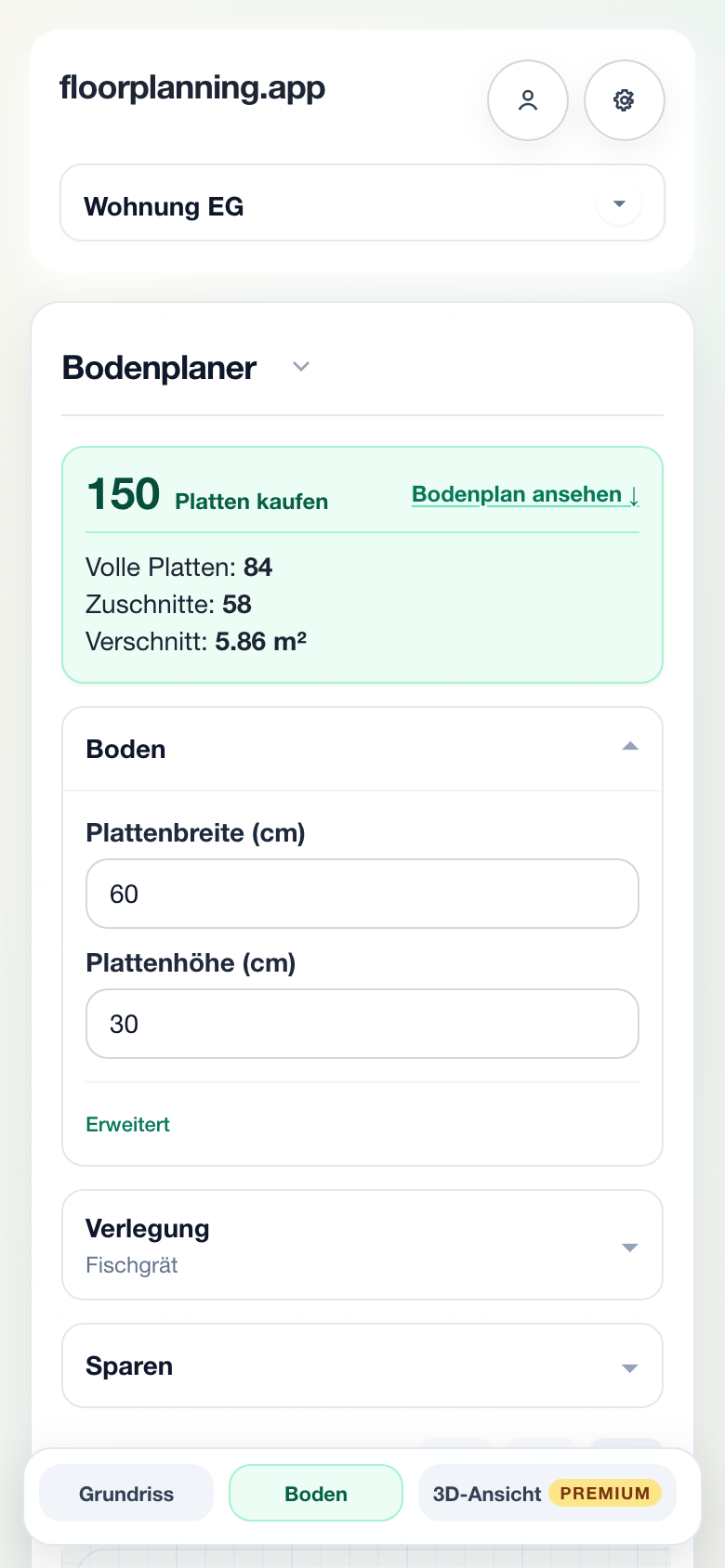floorplanning.app im mobilen Layout mit unterer Tab-Leiste